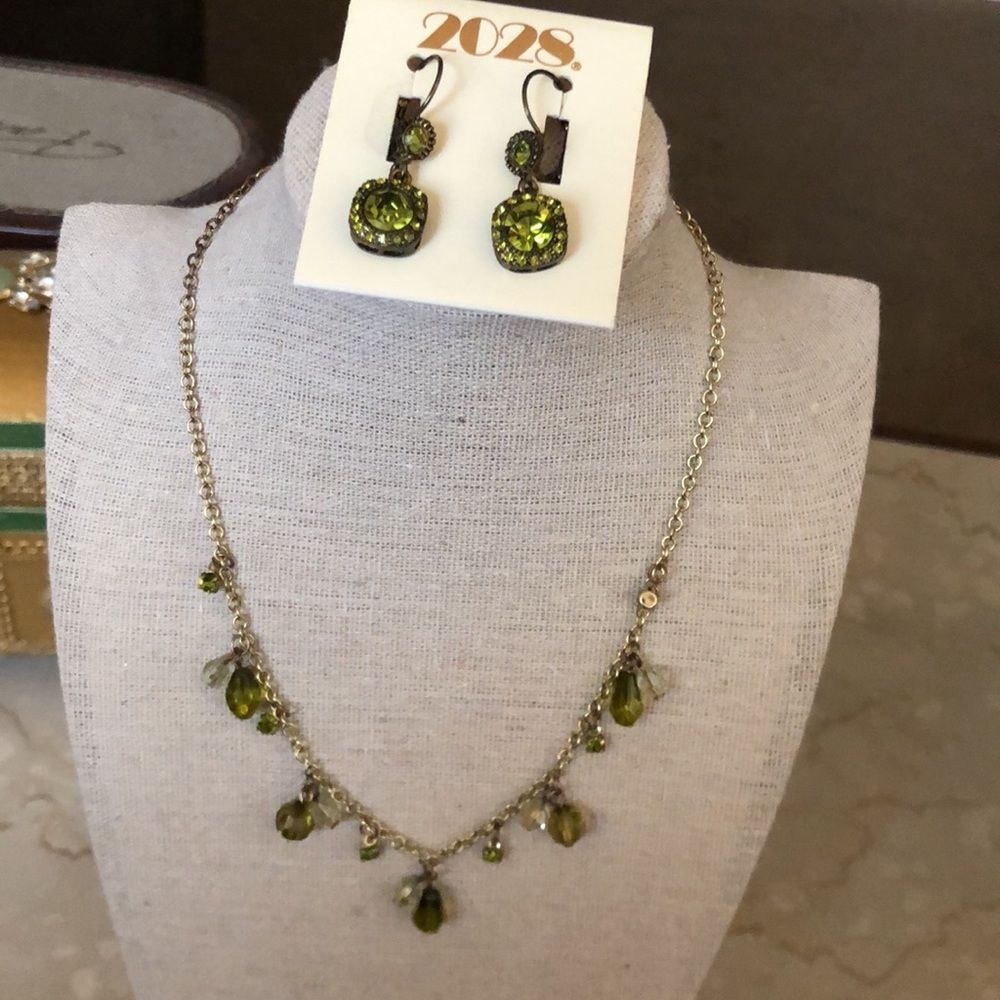 1928 to 2028! Peridot Green Crystal Dangle 1928 Necklace and 2028 Earrings